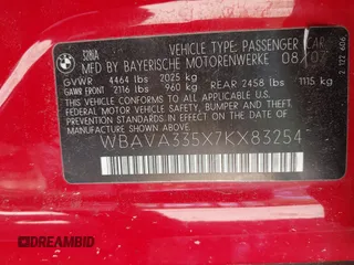 2007 BMW 3 Series 328i with VIN WBAVA335X7KX83254, listed as a IAAI auction lot 42092297 with 168,720 mi miles and . Bid and sale history available at DreamBid. Image 9.