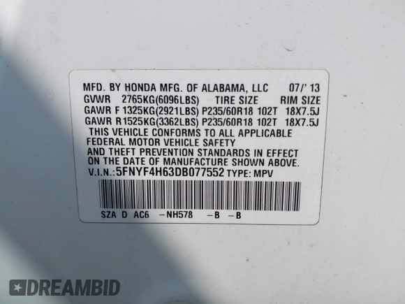 2013 Honda Pilot EX-L with VIN 5FNYF4H63DB077552, listed as a IAAI auction lot 42483801 with 218,823 mi miles and . Bid and sale history available at DreamBid. Image 9.