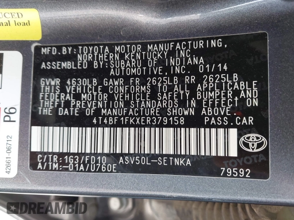 2014 Toyota Camry L with VIN 4T4BF1FKXER379158, listed as a IAAI auction lot 42050926 with 88,060 mi miles and . Bid and sale history available at DreamBid. Image 9.