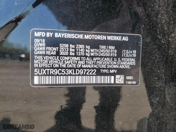 2019 BMW X3 xDrive30i with VIN 5UXTR9C53KLD97222, listed as a Copart auction lot 52664364 with 17,793 mi miles and Salvage Title. Bid and sale history available at carsss.com. Image 13.
