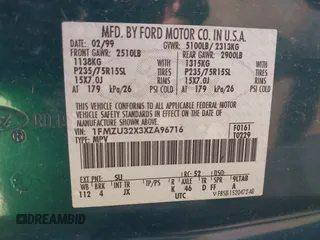 1999 Ford Explorer with VIN 1FMZU32X3XZA96716, listed as a IAAI auction lot 41650246 with 137,473 mi miles and . Bid and sale history available at DreamBid. Image 9.