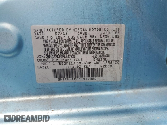 2015 Nissan Note SV with VIN 3N1CE2CP2FL447320, listed as a Copart auction lot 54494125 with 166,699 mi miles and Salvage Title. Bid and sale history available at DreamBid. Image 13.