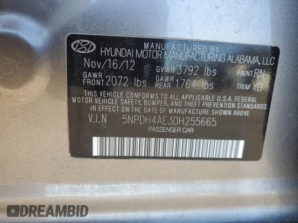2013 Hyundai Elantra Limited with VIN 5NPDH4AE3DH255665, listed as a Copart auction lot 45544645 with 88,683 mi miles and Salvage Title. Bid and sale history available at DreamBid. Image 14.