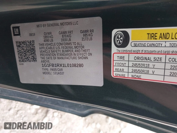 2020 Chevrolet Camaro 1LT with VIN 1G1FB1RX1L0108280, listed as a IAAI auction lot 42167642 with 74,904 mi miles and . Bid and sale history available at DreamBid. Image 9.