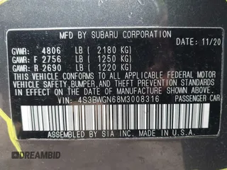 2021 Subaru Legacy Limited XT with VIN 4S3BWGN68M3008316, listed as a IAAI auction lot 41611404 with 52,648 mi miles and . Bid and sale history available at DreamBid. Image 9.