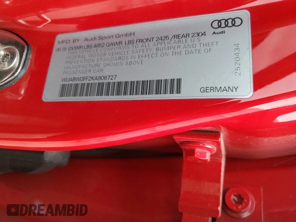2019 Audi RS 3 with VIN WUABWGFF2KA906727, listed as a Copart auction lot 49337425 with 52,355 mi miles and Salvage title. Bid and sale history available at DreamBid. Image 14.