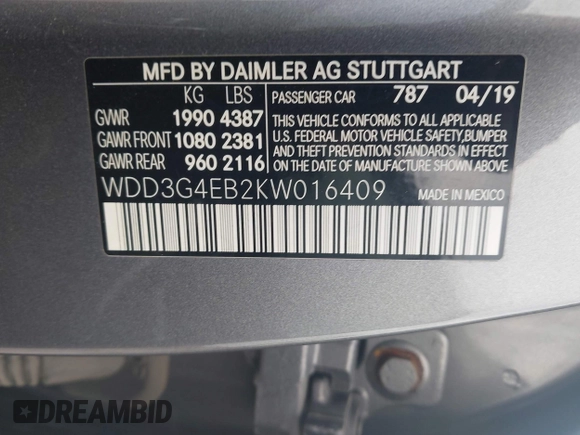 2019 Mercedes-Benz A 220 with VIN WDD3G4EB2KW016409, listed as a IAAI auction lot 42268156 with 110,425 mi miles and . Bid and sale history available at DreamBid. Image 9.
