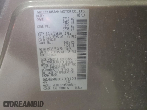 2014 Nissan Pathfinder S with VIN 5N1AR2MM9EC730123, listed as a Copart auction lot 62075985 with 181,102 mi miles and Salvage title. Bid and sale history available at DreamBid. Image 14.
