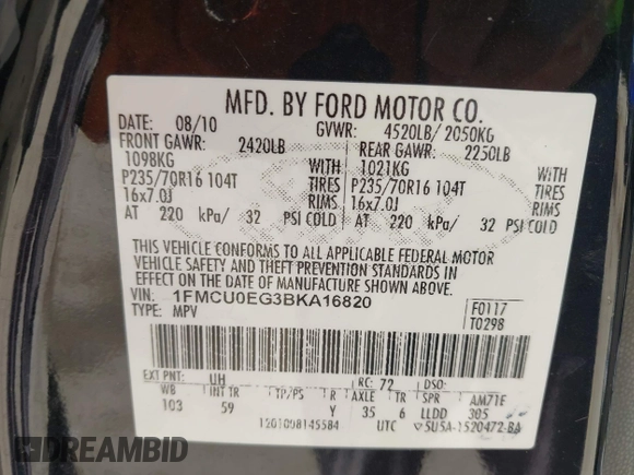 2011 Ford Escape Limited with VIN 1FMCU0EG3BKA16820, listed as a IAAI auction lot 42548445 with 201,721 mi miles and . Bid and sale history available at DreamBid. Image 9.