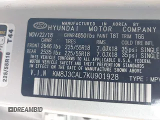 2019 Hyundai Tucson Ultimate with VIN KM8J3CAL7KU901928, listed as a IAAI auction lot 41387537 with 20,448 mi miles. Bid and sale history available at carsss.com. Image 9.