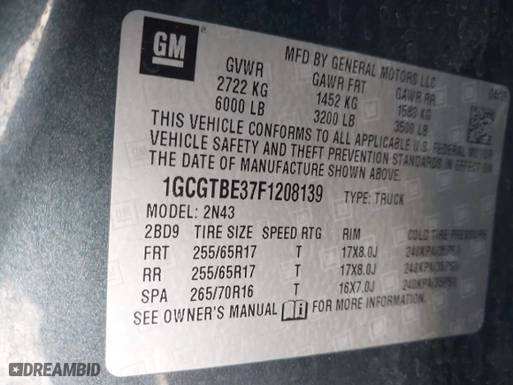2015 Chevrolet Colorado 4WD LT with VIN 1GCGTBE37F1208139, listed as a IAAI auction lot 41589530 with 105,806 mi miles. Bid and sale history available at carsss.com. Image 9.