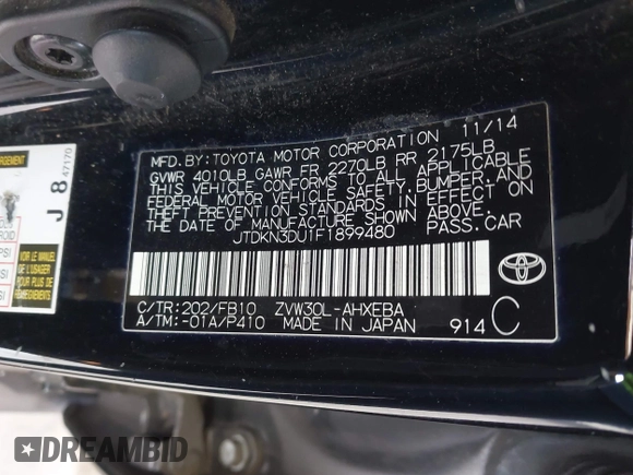 2015 Toyota Prius Four with VIN JTDKN3DU1F1899480, listed as a IAAI auction lot 42127015 with 247,659 mi miles and . Bid and sale history available at DreamBid. Image 9.