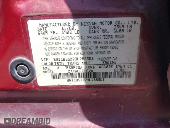2003 Nissan Sentra XE with VIN 3N1CB51D73L785505, listed as a IAAI auction lot 42218277 with 191,694 mi miles and . Bid and sale history available at DreamBid. Image 9.