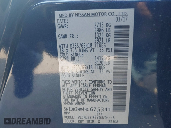 2017 Nissan Pathfinder SV with VIN 5N1DR2MM4HC675341, listed as a IAAI auction lot 40087490 with 95,106 mi miles. Bid and sale history available at carsss.com. Image 9.