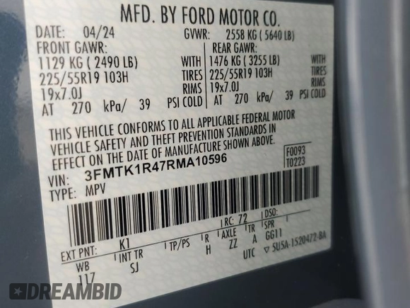 2024 Ford Mustang Mach-E Select with VIN 3FMTK1R47RMA10596, listed as a Copart auction lot 58594865 with 19,862 mi miles and Salvage title. Bid and sale history available at DreamBid. Image 13.
