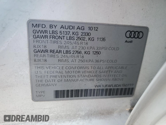 2013 Audi allroad Premium Plus with VIN WA1UFAFL8DA150777, listed as a Copart auction lot 41593745 with 163,932 mi miles and Salvage Title. Bid and sale history available at carsss.com. Image 12.