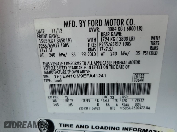 2014 Ford F-150 XL with VIN 1FTEW1CM9EFA41241, listed as a Copart auction lot 56217225 with 256,673 mi miles and Salvage title. Bid and sale history available at DreamBid. Image 13.