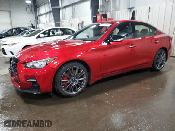 2021 Infiniti Q50 Red Sport 400 with VIN JN1FV7DR0MM880308, listed as a Copart auction lot 86103434 with 27,845 mi miles and Salvage Title. Bid and sale history available at DreamBid. Image 1.