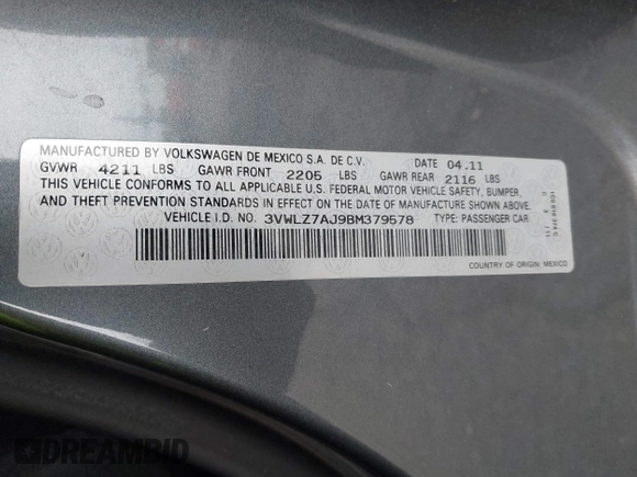 2011 Volkswagen Jetta SEL с VIN 3VWLZ7AJ9BM379578, выставлен на аукционе IAAI как лот 41720298 с пробегом 182 622 миль миль и . История ставок и продаж доступна на DreamBid. Изображение 9.
