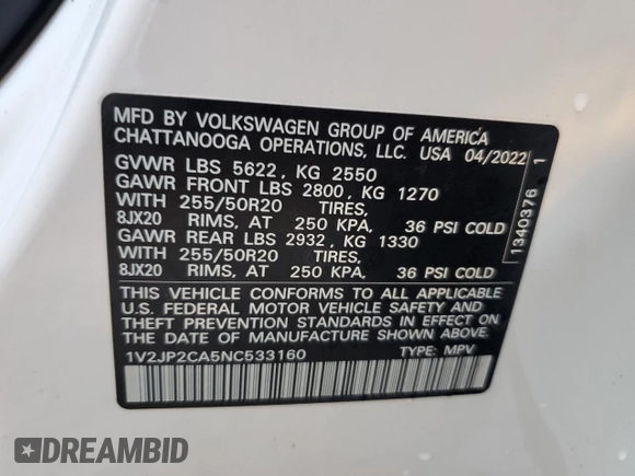 2022 Volkswagen Atlas SE with VIN 1V2JP2CA5NC533160, listed as a Copart auction lot 78909884 with 30,344 mi miles and Non repairable. Bid and sale history available at DreamBid. Image 14.