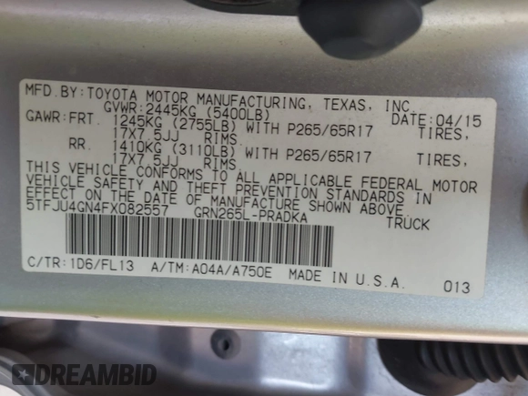 2015 Toyota Tacoma PreRunner with VIN 5TFJU4GN4FX082557, listed as a IAAI auction lot 41880190 with 234,099 mi miles and . Bid and sale history available at DreamBid. Image 9.