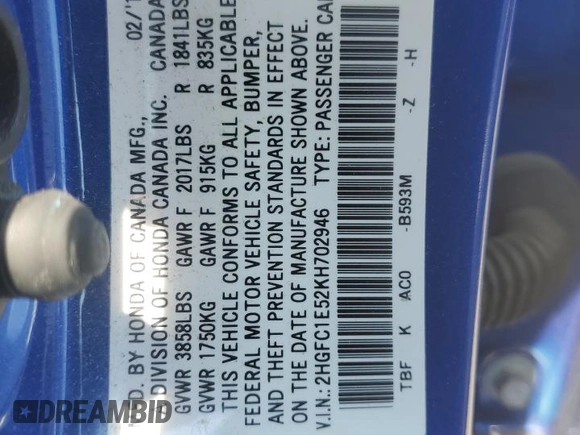 2019 Honda Civic Si with VIN 2HGFC1E52KH702946, listed as a Copart auction lot 53939675 with 64,623 mi miles and Salvage Title. Bid and sale history available at DreamBid. Image 12.
