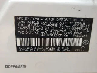 2011 Lexus ES 330 с VIN JTHBK1EG1B2439406, выставлен на аукционе Copart как лот 54716615 с пробегом 77 617 миль миль и Списание • Salvage title. История ставок и продаж доступна на DreamBid. Изображение 12.