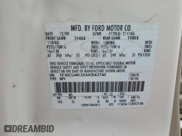 2010 Ford Escape Hybrid with VIN 1FMCU4K35AKB43740, listed as a Copart auction lot 58714855 with 116,463 mi miles and Salvage title. Bid and sale history available at DreamBid. Image 13.