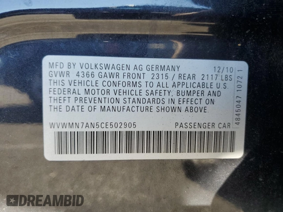2012 Volkswagen CC Sport with VIN WVWMN7AN5CE502905, listed as a Copart auction lot 74659494 with 95,945 mi miles and Salvage Title. Bid and sale history available at carsss.com. Image 12.