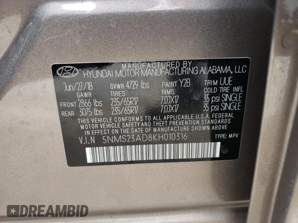 2019 Hyundai Santa Fe SE with VIN 5NMS23AD8KH010316, listed as a Copart auction lot 51163115 with 73,302 mi miles and Salvage Title. Bid and sale history available at carsss.com. Image 13.