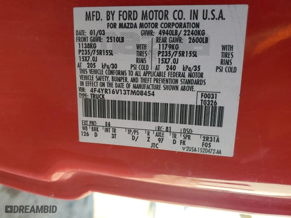 2003 Mazda B-Series 2WD Truck DS with VIN 4F4YR16V13TM08454, listed as a Copart auction lot 84596964 with 102,723 mi miles and Salvage Title. Bid and sale history available at carsss.com. Image 14.