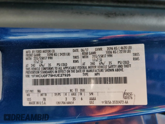 2017 Ford Escape S with VIN 1FMCU0F79HUE27926, listed as a Copart auction lot 56143655 with 55,382 mi miles and Salvage title. Bid and sale history available at DreamBid. Image 13.