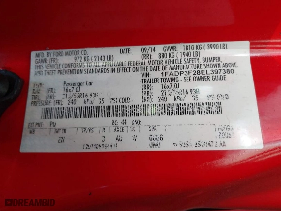 2014 Ford Focus SE with VIN 1FADP3F28EL397380, listed as a IAAI auction lot 41847517 with 111,216 mi miles. Bid and sale history available at carsss.com. Image 9.
