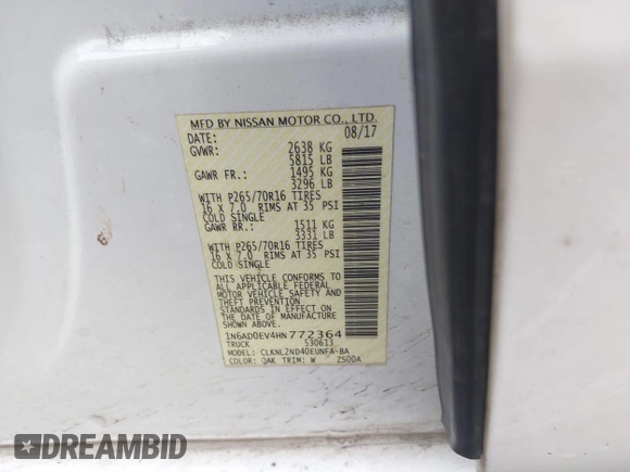 2017 Nissan Frontier SV with VIN 1N6AD0EV4HN772364, listed as a IAAI auction lot 41497663 with 112,992 mi miles and . Bid and sale history available at DreamBid. Image 9.