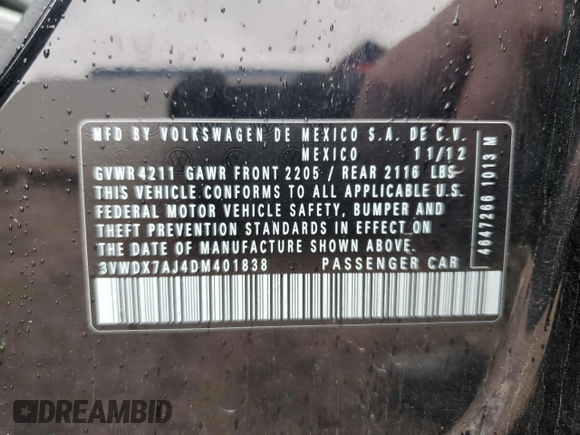 2013 Volkswagen Jetta SE с VIN 3VWDX7AJ4DM401838, выставлен на аукционе Copart как лот 86765074 с пробегом 105 218 миль миль и Списание • Salvage title. История ставок и продаж доступна на DreamBid. Изображение 14.