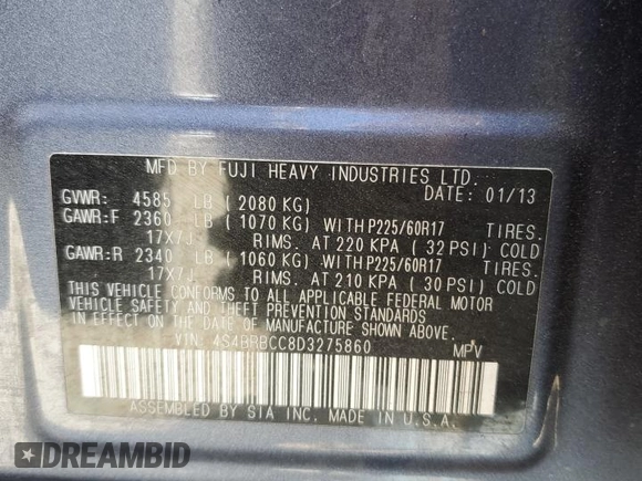 2013 Subaru Outback Premium with VIN 4S4BRBCC8D3275860, listed as a Copart auction lot 64734765 with Not provided miles and Salvage title. Bid and sale history available at DreamBid. Image 13.