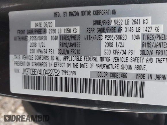 2020 Mazda CX-9 Signature with VIN JM3TCBEY4L0422752, listed as a IAAI auction lot 41207874 with 32,528 mi miles and . Bid and sale history available at carsss.com. Image 9.