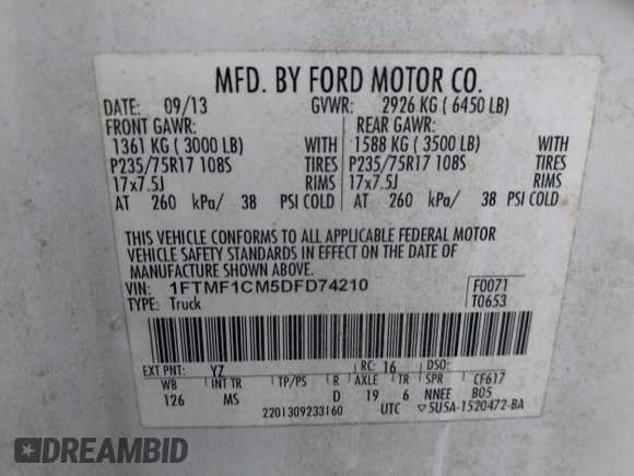 2013 Ford F-150 XL with VIN 1FTMF1CM5DFD74210, listed as a IAAI auction lot 42649783 with 145,316 mi miles and . Bid and sale history available at DreamBid. Image 9.