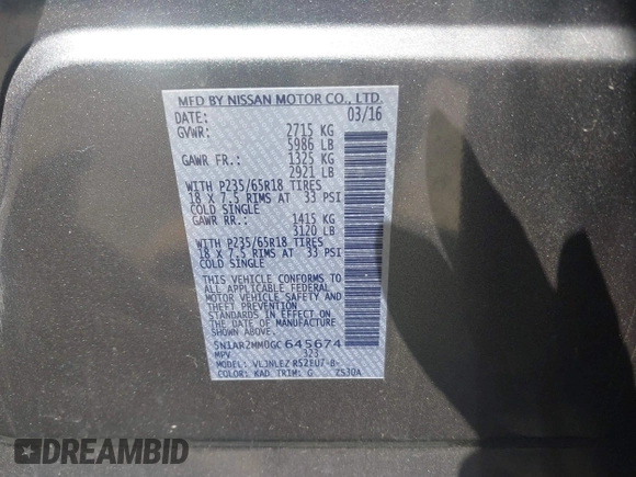 2016 Nissan Pathfinder Platinum with VIN 5N1AR2MM0GC645674, listed as a IAAI auction lot 42070490 with Not Provided miles. Bid and sale history available at carsss.com. Image 9.