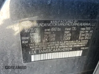 2020 Hyundai Santa Fe SEL with VIN 5NMS3CAA9LH219214, listed as a Copart auction lot 45949995 with 82,567 mi miles and Salvage Title. Bid and sale history available at carsss.com. Image 15.