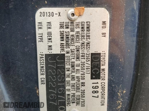 1988 Toyota Celica z VIN JT2ST67L0J7222767, wystawiony jako Copart lot #53647155 z przebiegiem 103 345 mil mil oraz Czysty tytuł • Clean title. Historia ofert i sprzedaży dostępna na DreamBid. Obrazek 12.