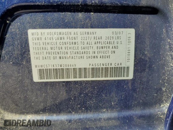 2007 Volkswagen Rabbit with VIN WVWCS71K37W208669, listed as a Copart auction lot 49654755 with 27,459 mi miles and Clean title. Bid and sale history available at DreamBid. Image 12.