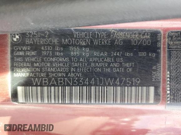 2001 BMW 3 Series 325Ci with VIN WBABN33441JW47519, listed as a Copart auction lot 70781094 with 147,819 mi miles and Salvage Title. Bid and sale history available at carsss.com. Image 13.