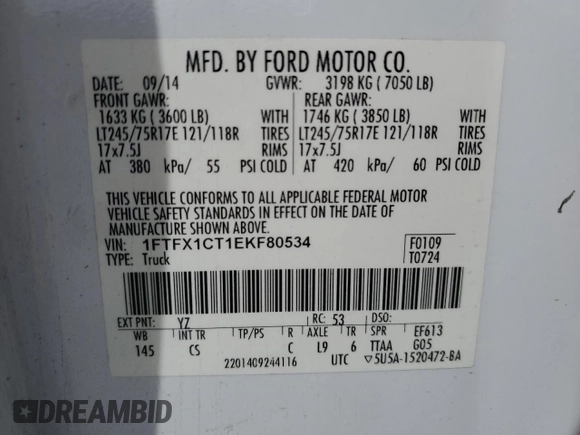 2014 Ford F-150 XL with VIN 1FTFX1CT1EKF80534, listed as a Copart auction lot 54909865 with 147,371 mi miles and Salvage title. Bid and sale history available at DreamBid. Image 12.