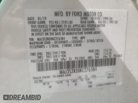 2019 Ford EcoSport Titanium with VIN MAJ3S2KE0KC276584, listed as a Copart auction lot 49955315 with 73,293 mi miles and Salvage Title. Bid and sale history available at DreamBid. Image 15.