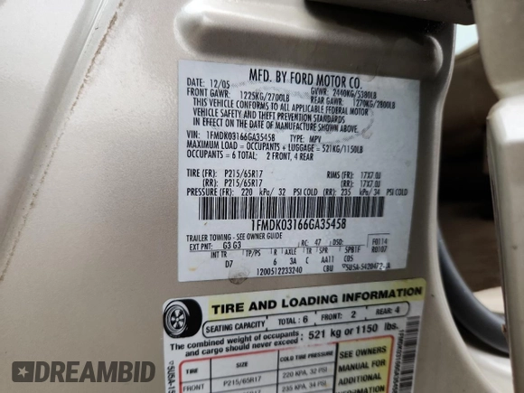 2006 Ford Freestyle Limited with VIN 1FMDK03166GA35458, listed as a Copart auction lot 63307895 with Not provided miles and Salvage title. Bid and sale history available at DreamBid. Image 13.