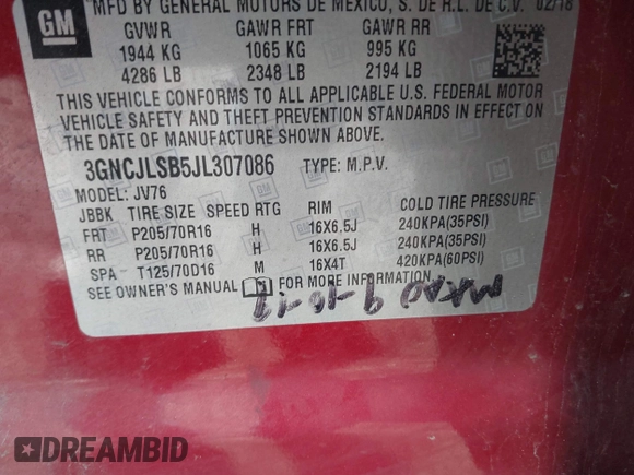 2018 Chevrolet Trax LT with VIN 3GNCJLSB5JL307086, listed as a IAAI auction lot 41941778 with 109,985 mi miles and . Bid and sale history available at carsss.com. Image 9.