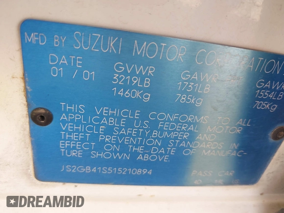 2001 Suzuki Esteem GL z VIN JS2GB41S515210894, wystawiony jako IAAI lot #42234772 z przebiegiem 180 182 mil mil oraz . Historia ofert i sprzedaży dostępna na DreamBid. Obrazek 9.