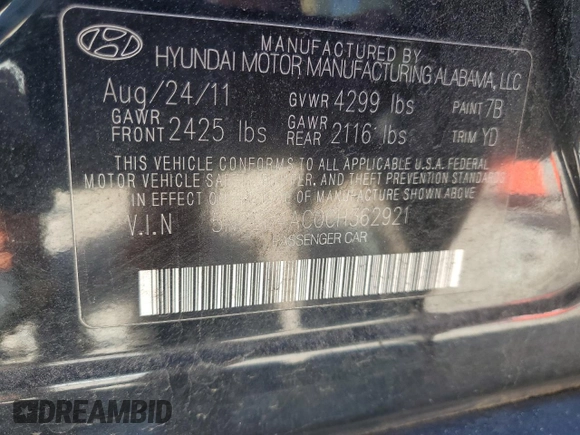 2012 Hyundai Sonata GLS with VIN 5NPEB4AC0CH362921, listed as a Copart auction lot 50721305 with 204,606 mi miles and Salvage Title. Bid and sale history available at carsss.com. Image 13.