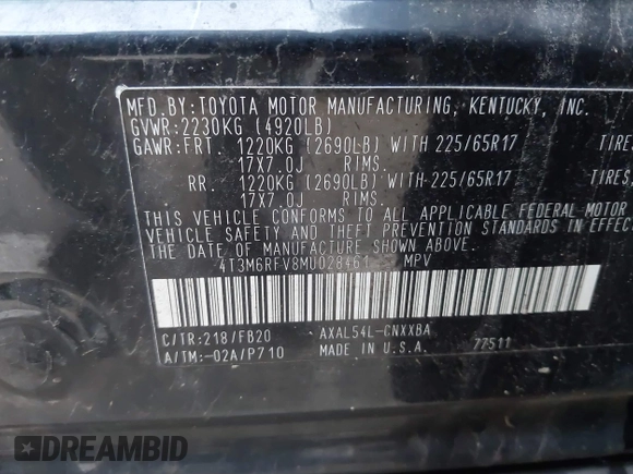 2021 Toyota RAV4 Hybrid LE with VIN 4T3M6RFV8MU028461, listed as a IAAI auction lot 41868616 with 80,233 mi miles. Bid and sale history available at carsss.com. Image 9.